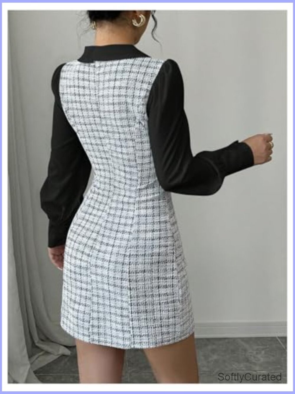 Elegant Plaid Tweed Dress Bow Front Lantern Long Sleeve 2 in 1 Mini - Picture 4 of 6